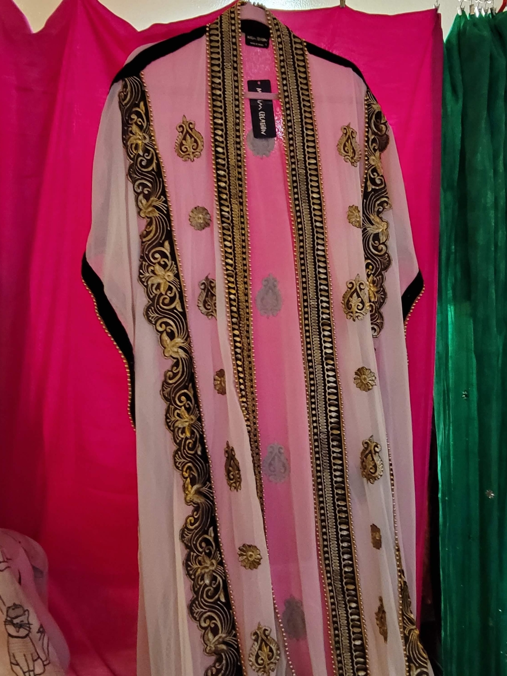 Embroidered/Beaded Sheer Floor Length Ivory, Gold, and Black Kaftan